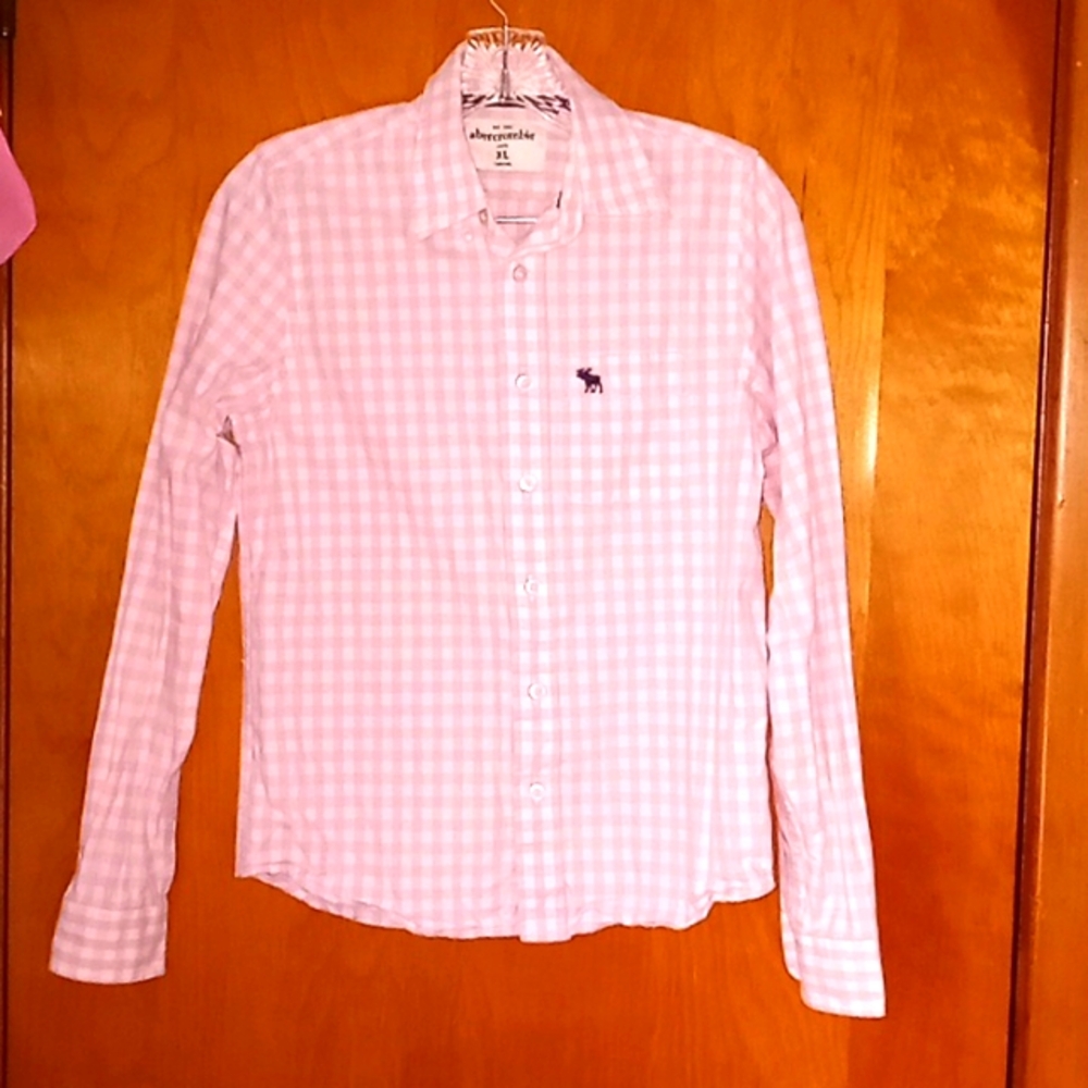 Abercrombie Kids Pink and White Checked Button Down Long Sleeve Shirt Si…